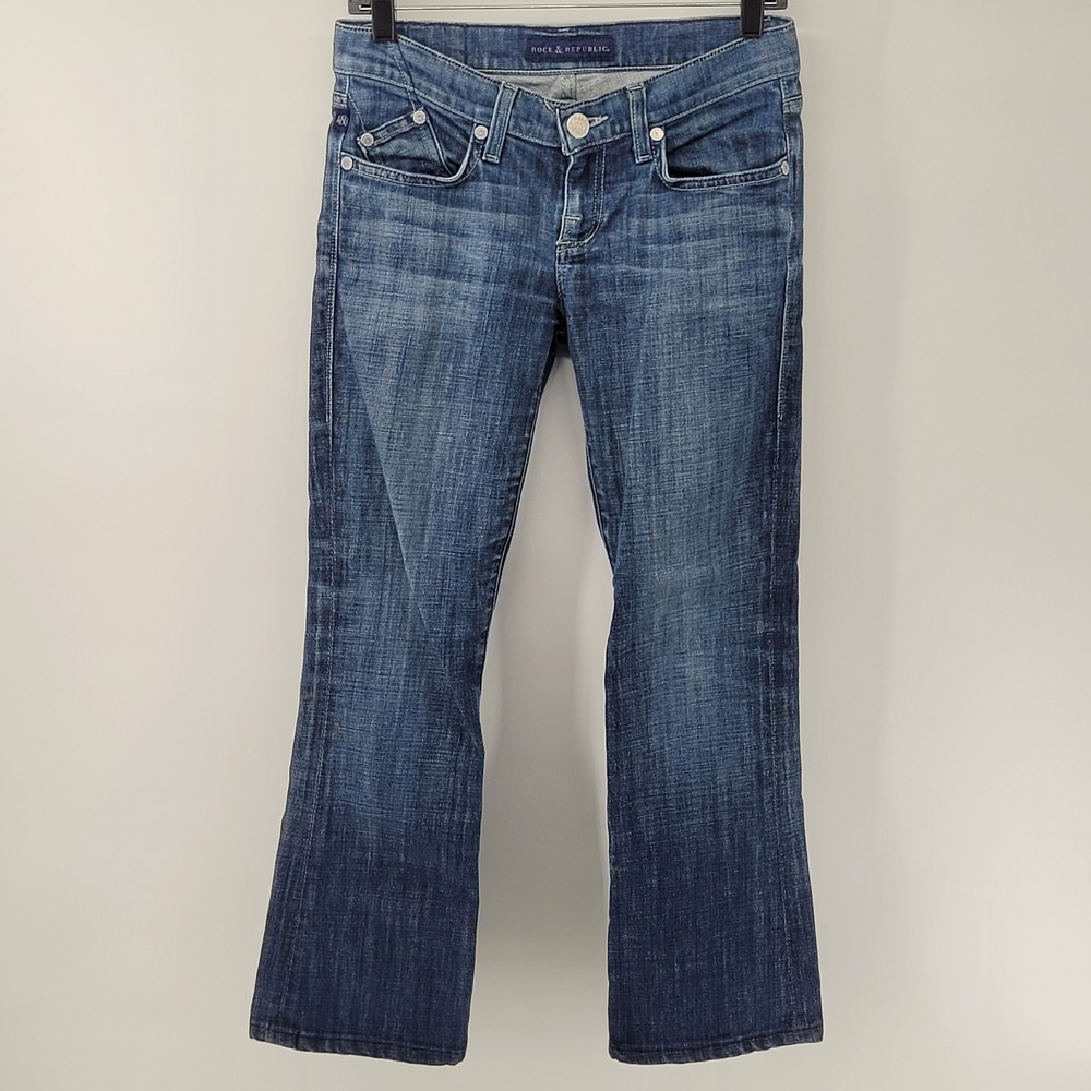 Rock & Republic Jeans Womens 26 Blue Denim Bootcut Embroidered Pocket Low Rise